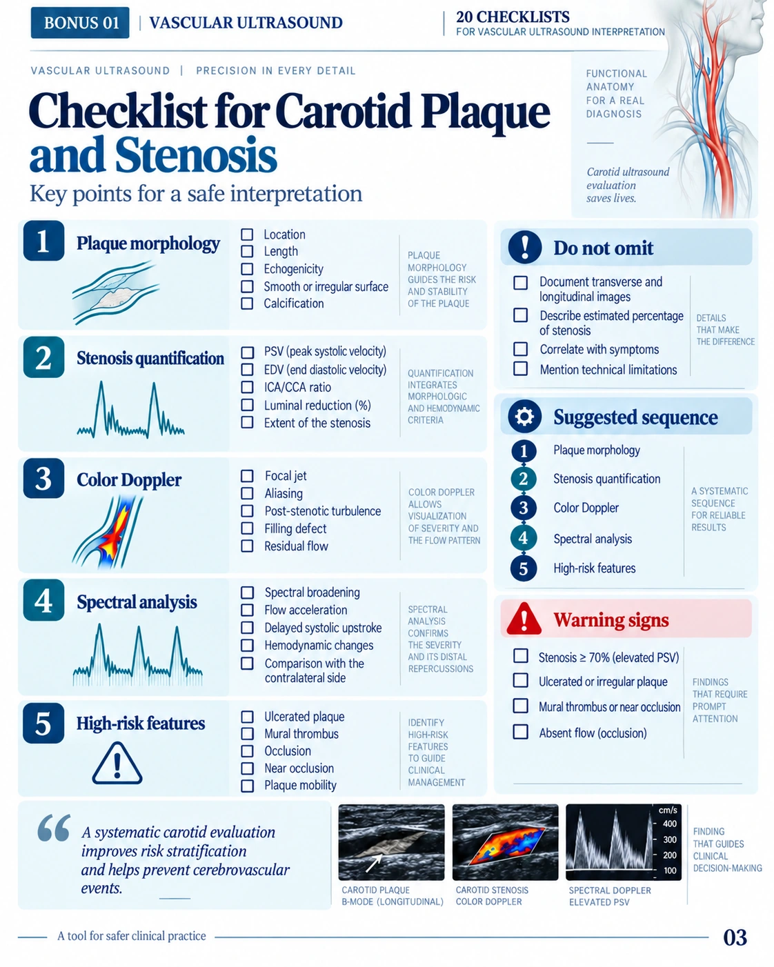 Page 3: Carotid examination checklist. English preview of the digital vascular Doppler material.
